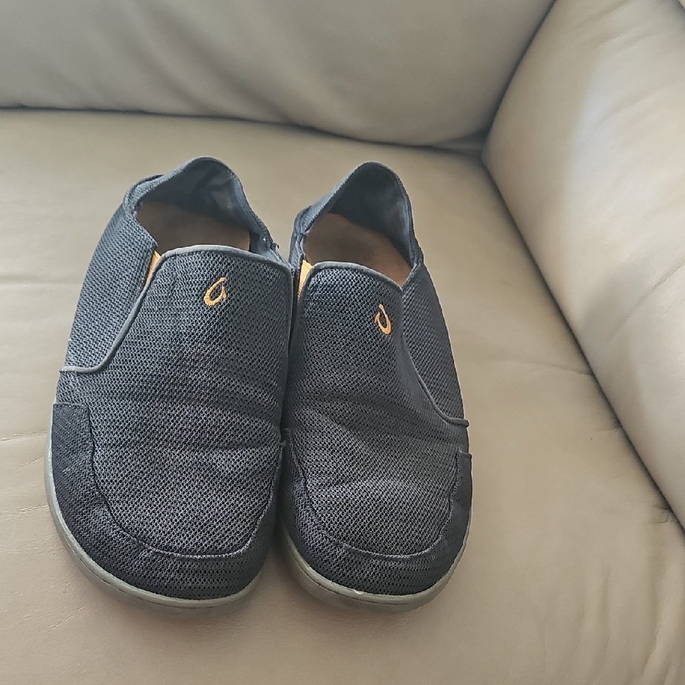 OluKai Men's Slip-On Loafers in Dark Gray with Gold Accents